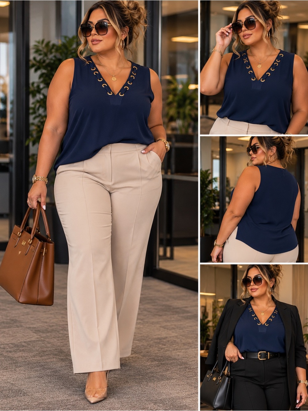 Premise Navy V-Neck Sleeveless Top with Gold Grommets